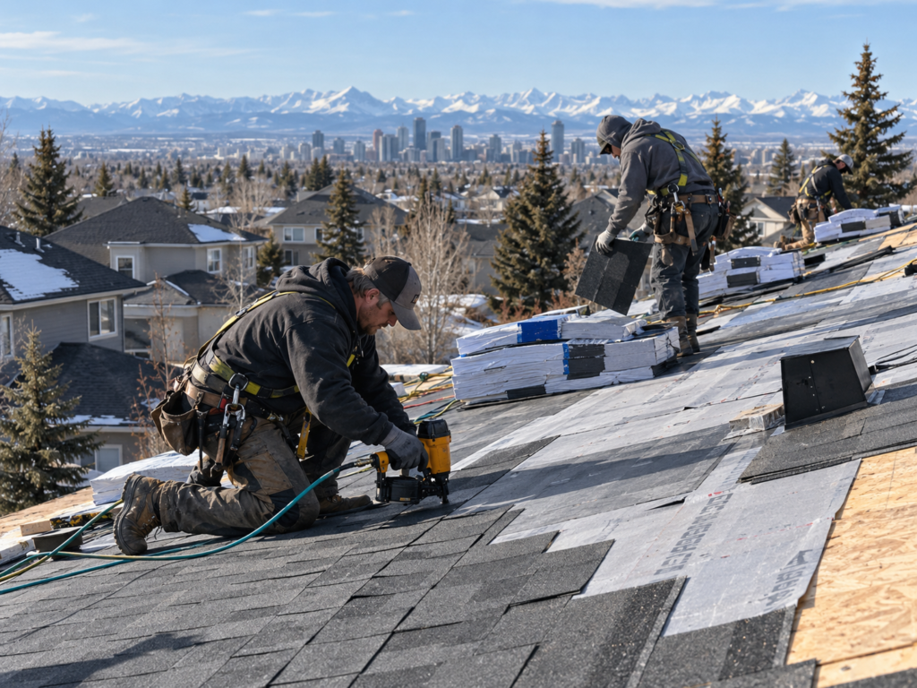 Exterior Contractor Calgary | Siding & Roofing | Pro Pacific Roofers installing asphalt shingles on a residential roof