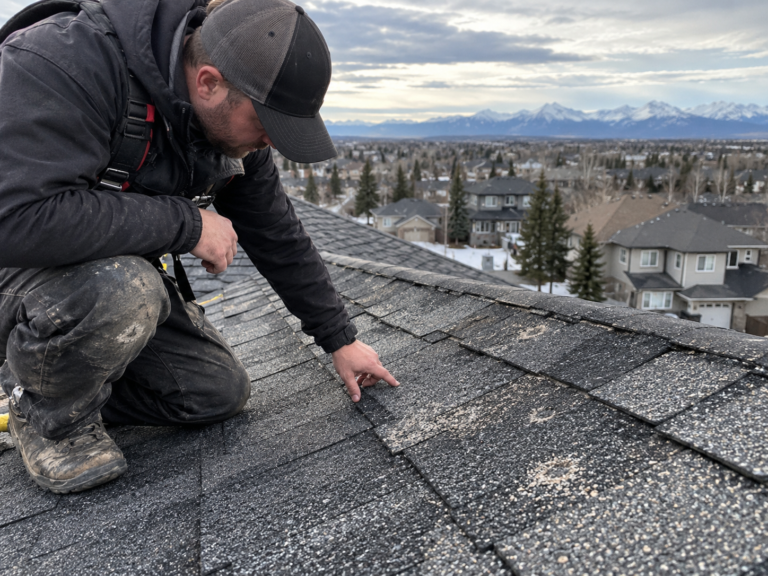 Roofer checking asphalt shingles during a roof assessment