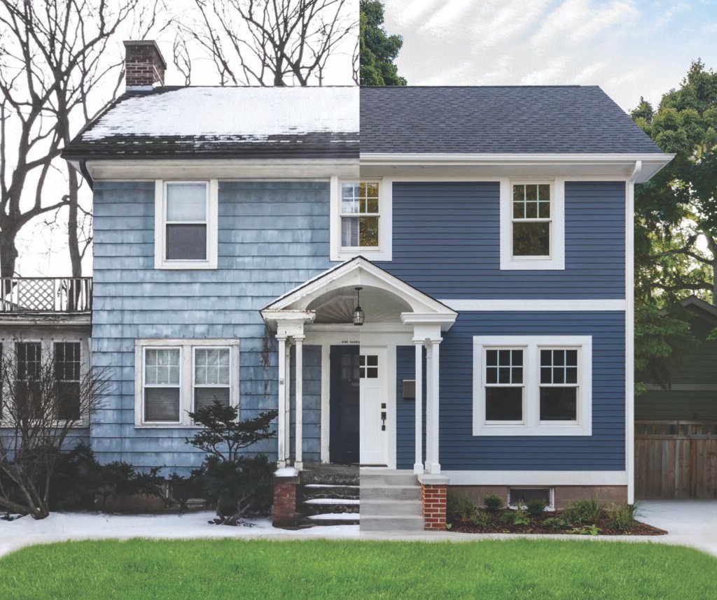 Before and after home exterior renovation with new blue siding, roofing, white trim and gutters