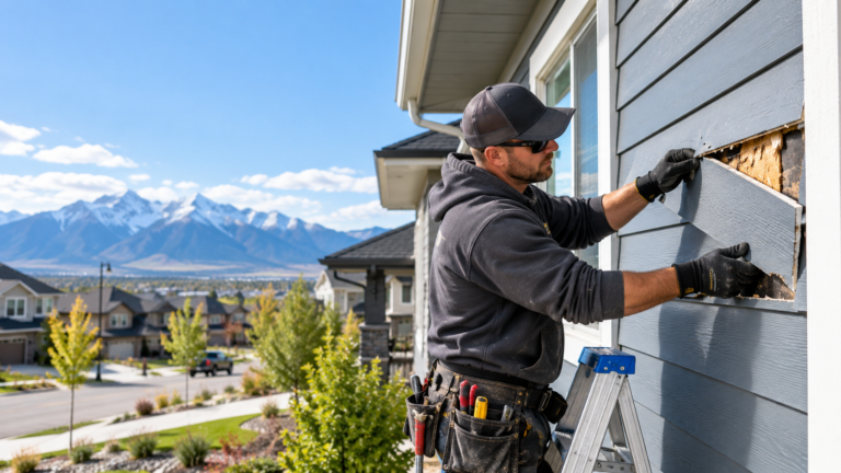 Contractor repairing damaged siding on a Calgary home
