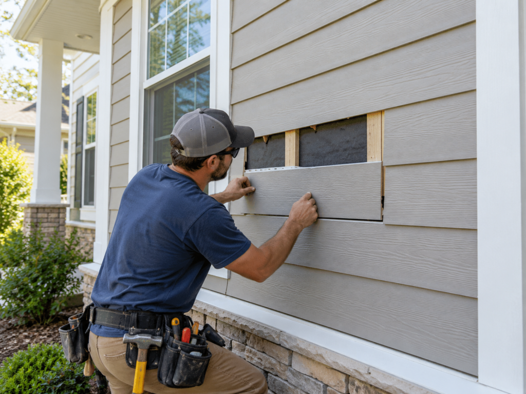 Exterior siding repair detail on a Calgary home
