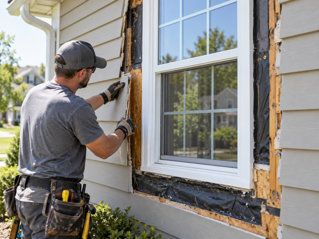 Contractor repairing siding and flashing around a window