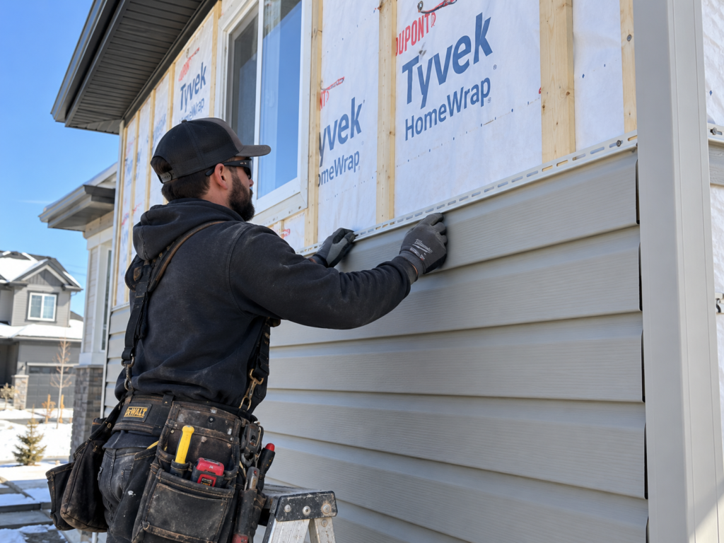 Contractor installing horizontal vinyl siding on a Calgary home